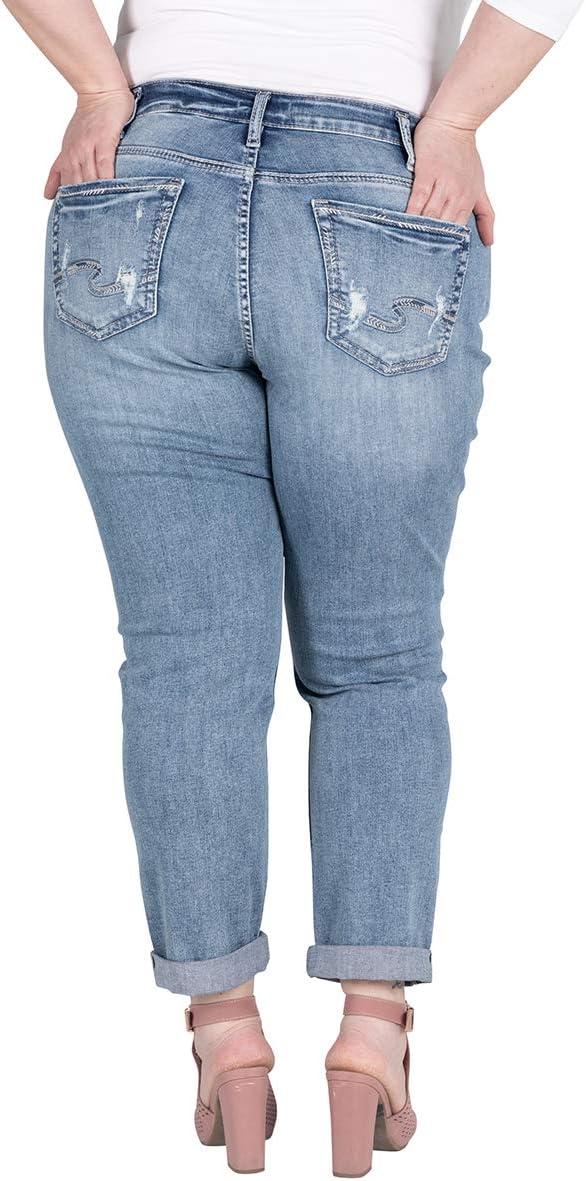 image:imageSilver Jeans Co Womens Plus Size Boyfriend Mid Rise Slim Leg JeansLight Indigo With Knee Destruction
