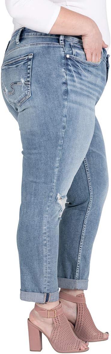 image:imageSilver Jeans Co Womens Plus Size Boyfriend Mid Rise Slim Leg JeansLight Indigo With Knee Destruction