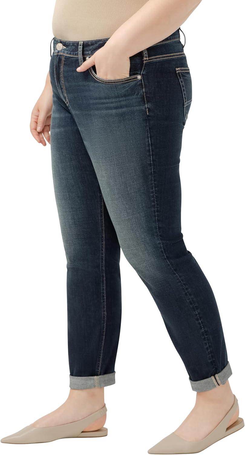 image:imageSilver Jeans Co Womens Plus Size Boyfriend Mid Rise Slim Leg JeansLuxe Stretch Dark Indigo