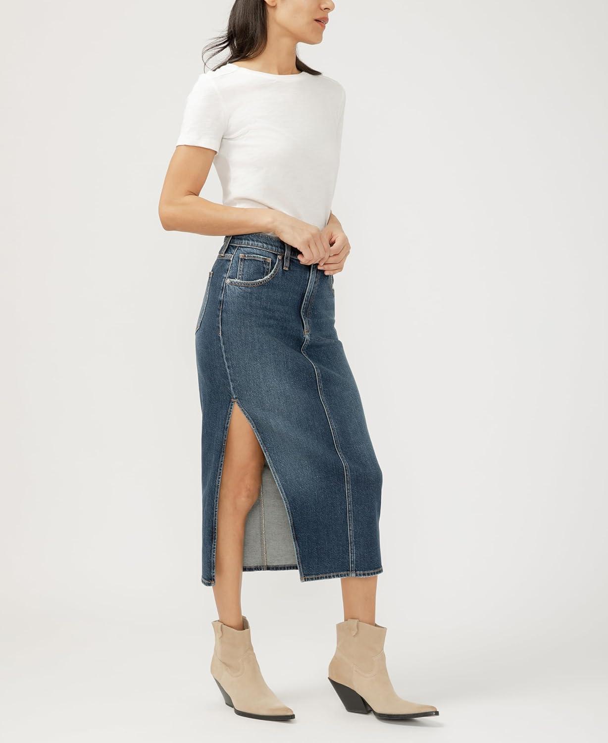 image:imageSilver Jeans Co Womens Side Slit Denim Midi SkirtSide Slit Dolly