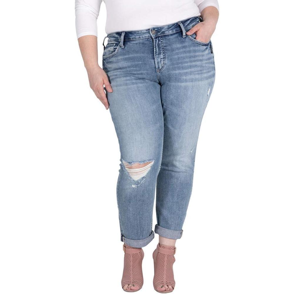 image:imageSilver Jeans Co Womens Plus Size Boyfriend Mid Rise Slim Leg JeansLight Indigo With Knee Destruction