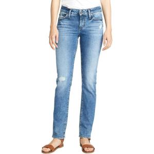 Silver Jeans Co. Women’s Elyse Mid Rise Straight Leg Jeans(Distressed Medium Indigo Wash)