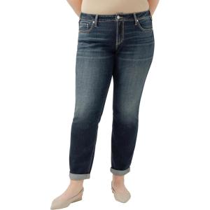 Silver Jeans Co. Women’s Plus Size Boyfriend Mid Rise Slim Leg Jeans(Luxe Stretch Dark Indigo)