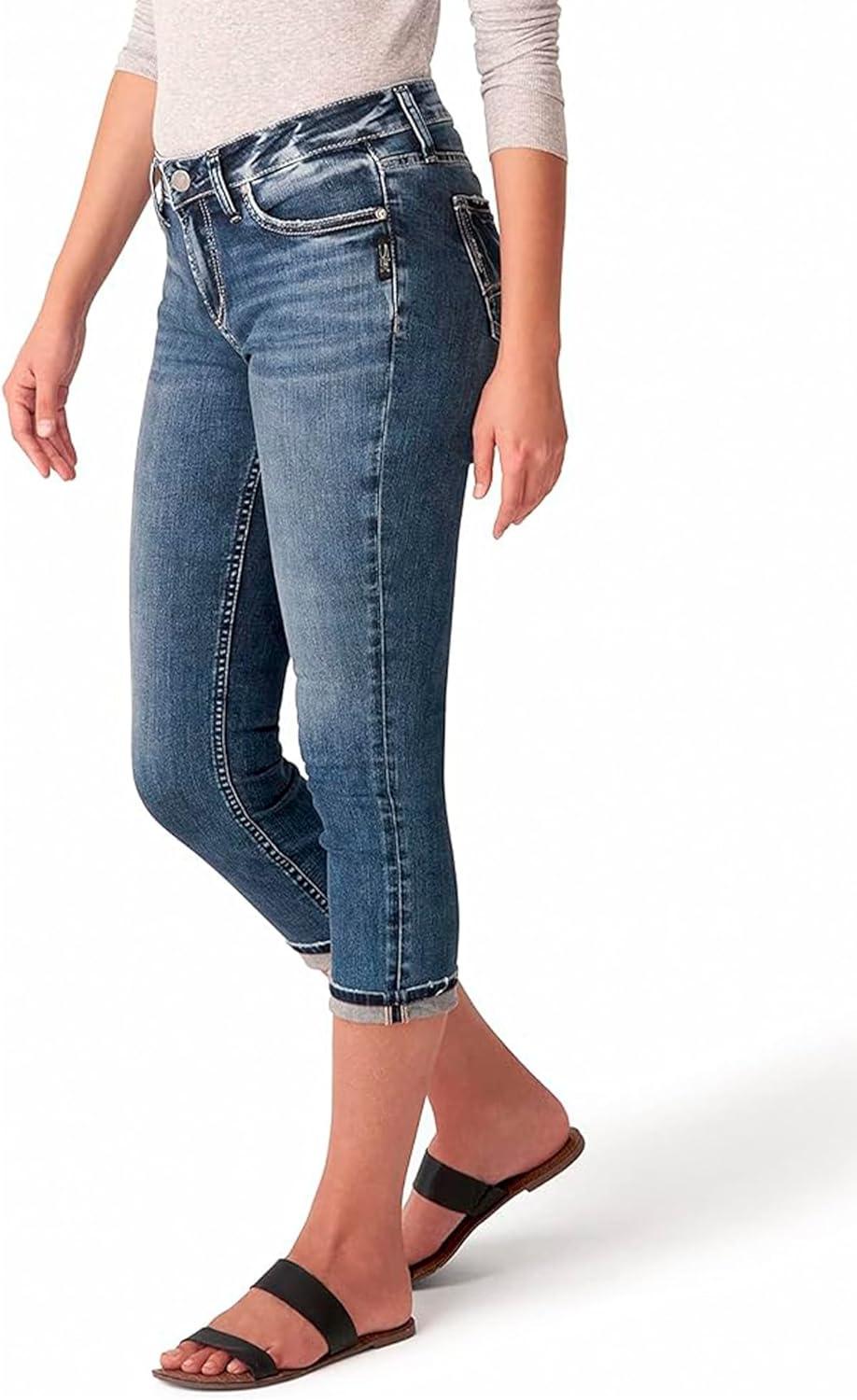 image:imageSilver Jeans Co Womens Elyse Mid Rise Comfort Fit Capri JeansDark Power Stretch