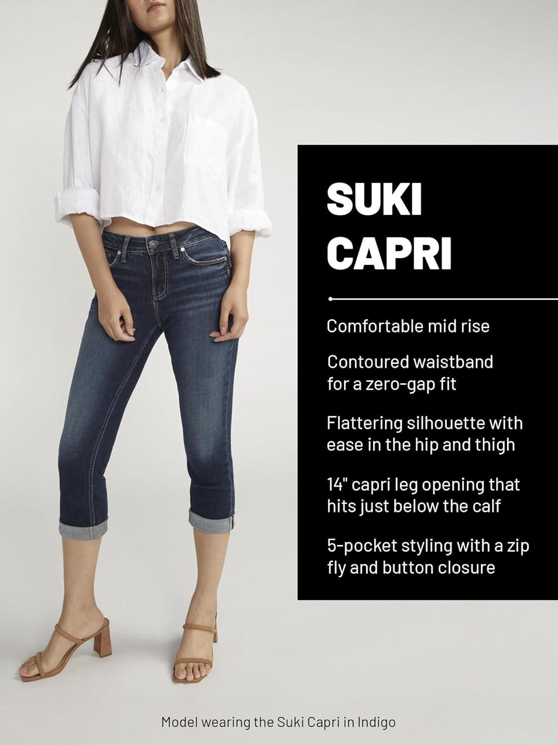 image:imageSilver Jeans Co Womens Suki Curvy Fit Mid Rise Capri JeanLuxe Stretch Dark Wash
