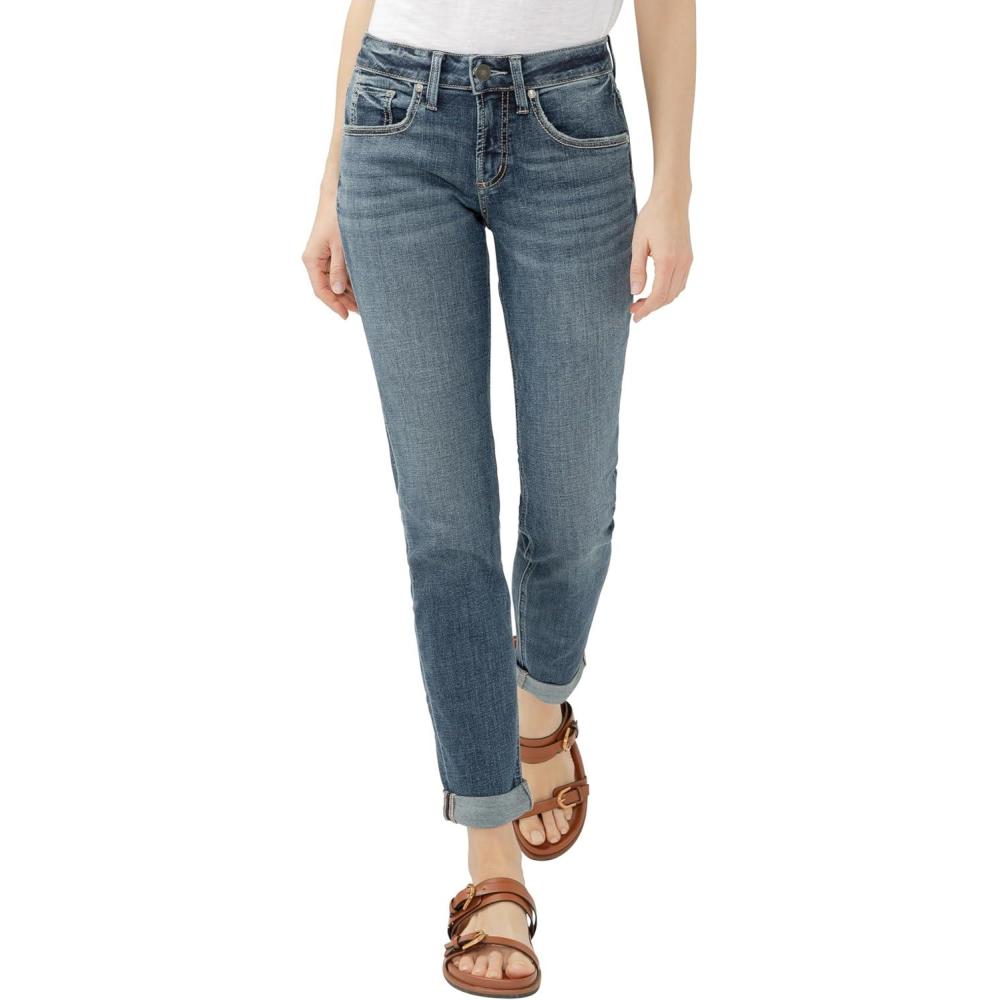 image:imageSilver Jeans Co Womens Boyfriend Mid Rise Slim Leg Jeans Dark Wash 30W x 29L