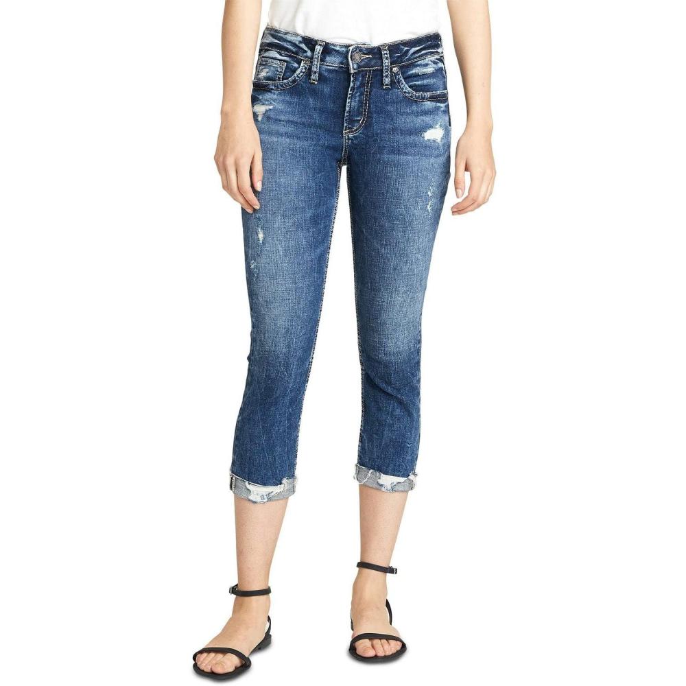 image:imageSilver Jeans Co Womens Elyse Mid Rise CapriDistressed Dark Indigo Wash