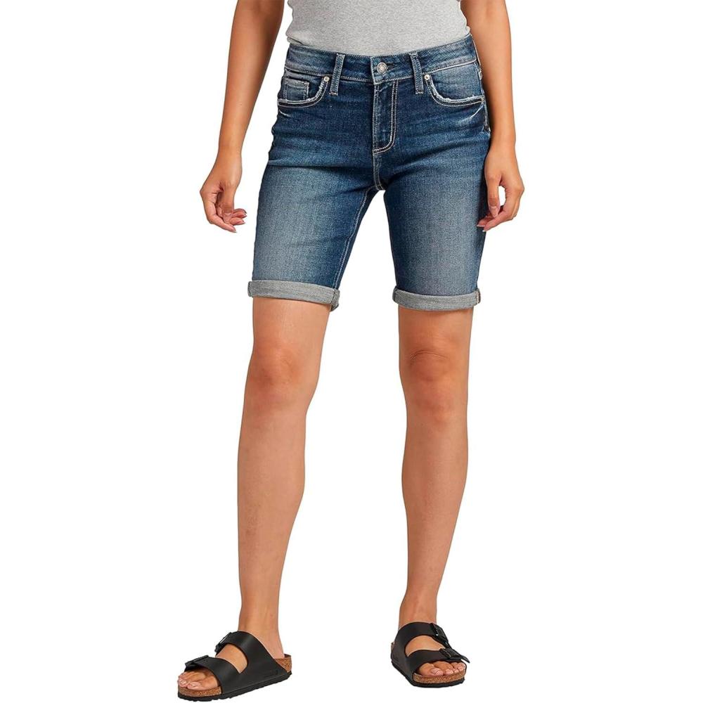 image:imageSilver Jeans Co Womens Elyse Mid Rise Comfort Fit Bermuda ShortMed Wash Eae397