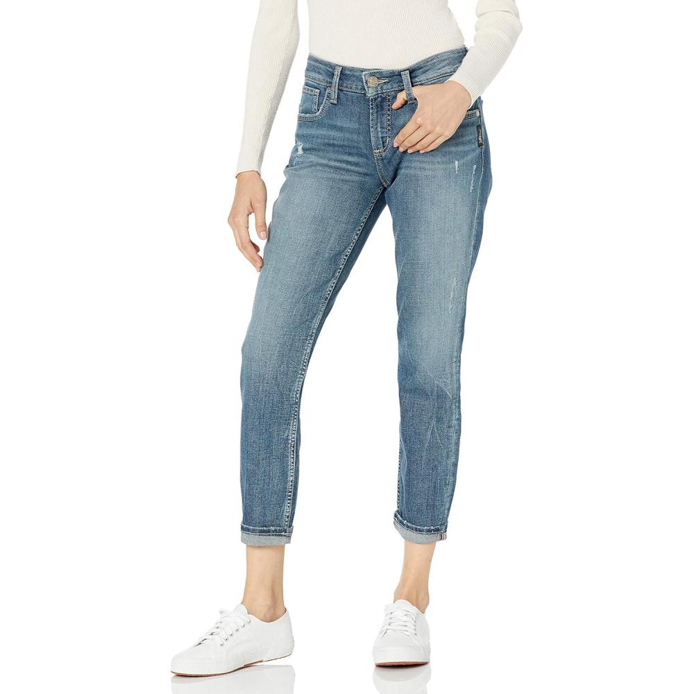 image:imageSilver Jeans Co Womens Boyfriend Mid Rise Slim Leg JeansDistressed Medium Eco Wash