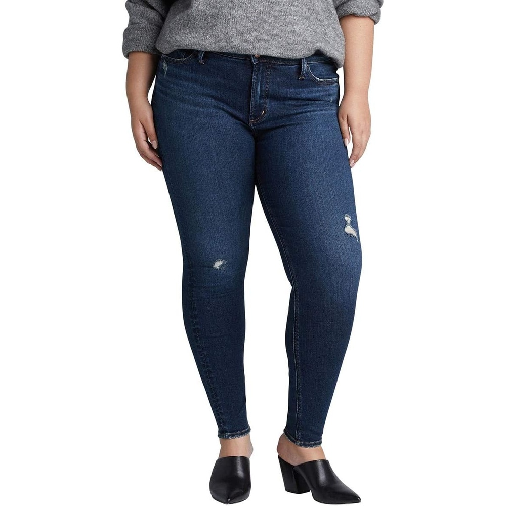 image:imageSilver Jeans Co Womens Plus Size Most Wanted Mid Rise Skinny Fit JeansDistressed Dark Indigo Wash